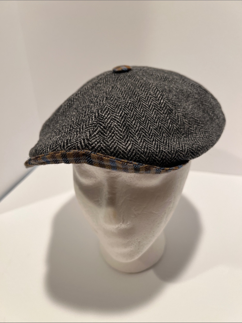 Gray Herringbone Newsboy Cap with Plaid Trim